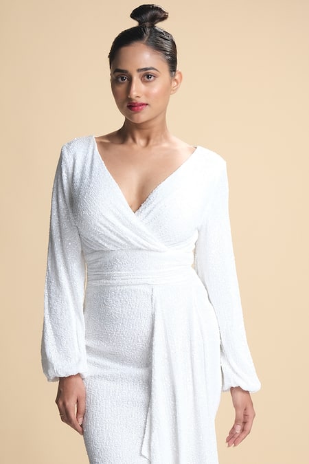 Kommal Sood White Lycra Net Embroidered Sequins V Neck Draped Dress Online at Aza Fashions Kommal Sood_White Lycra Net Embroidered Sequins V Neck Draped Dress _Online_at_Aza_Fashions