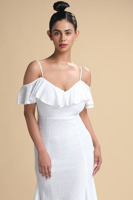 Kommal Sood_White Lycra Stretch Net Embroidered Sequins V Ruffle Overlay Dress  _Online_at_Aza_Fashions