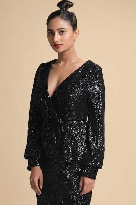 Kommal Sood_Black Lycra Net Embroidered Sequins V Neck Overlap Dress  _Online_at_Aza_Fashions