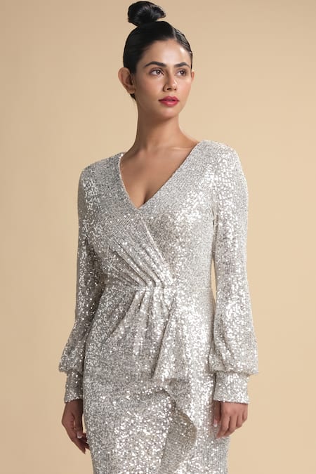 Kommal Sood_Silver Lycra Net Embroidered Sequins V Neck Draped Dress  _Online_at_Aza_Fashions