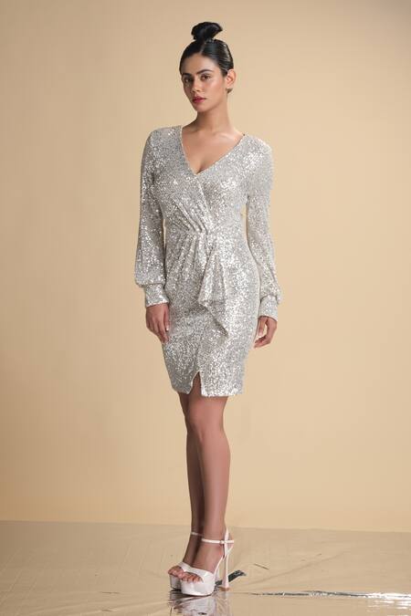 Buy_Kommal Sood_Silver Lycra Net Embroidered Sequins V Neck Draped Dress  _Online_at_Aza_Fashions