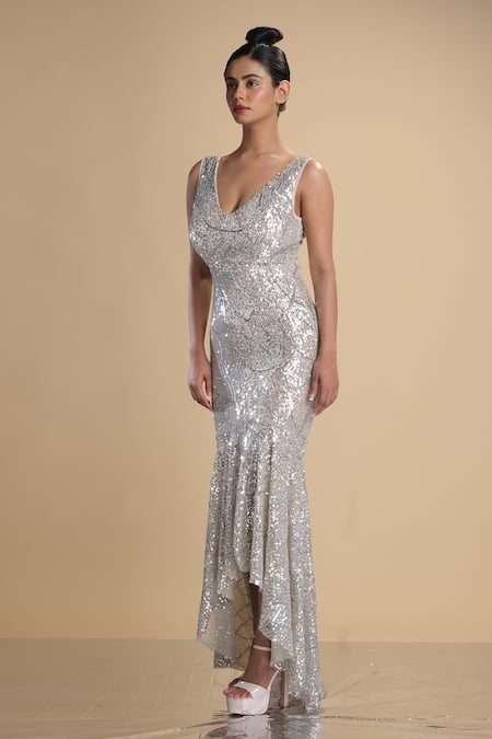 Kommal Sood_Silver Lycra Stretch Net Embroidered Sequins V Neck Sleeveless Gown  _Online_at_Aza_Fashions