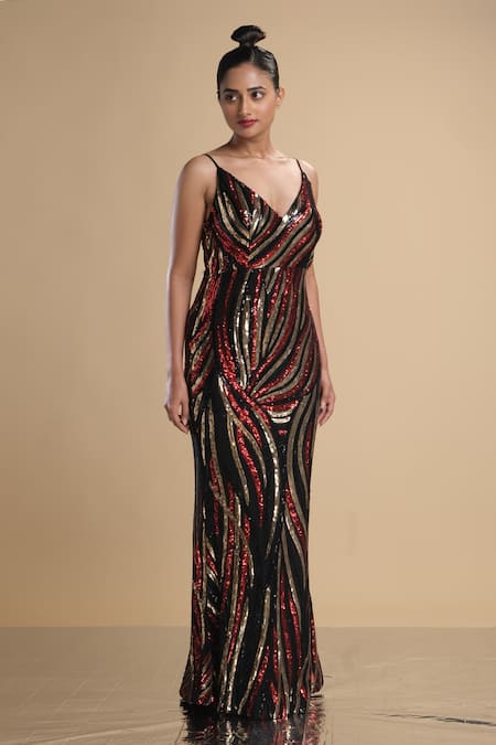 Buy_Kommal Sood_Black Lycra, Net Sequins V-neck Embroidered Spaghetti Gown _Online_at_Aza_Fashions