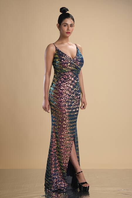 Shop_Kommal Sood_Multi Color Lycra Stretch Net Embroidered Rainbow Spaghetti Gown  _Online_at_Aza_Fashions