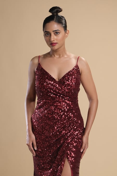 Kommal Sood_Maroon Lycra Stretch Net Embroidered Sequins V Neck Spaghetti Gown  _Online_at_Aza_Fashions