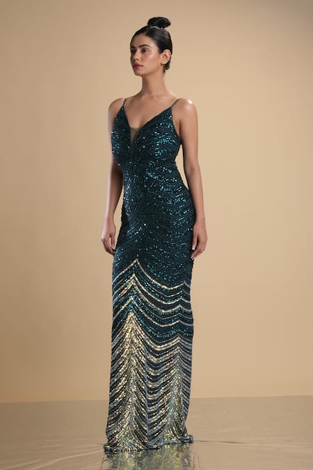 Kommal Sood Green Lycra Stretch Net Embroidered Sequins Graphic Pattern Work Gown Online at Aza Fashions Kommal Sood_Green Lycra Stretch Net Embroidered Sequins Graphic Pattern Work Gown _Online_at_Aza_Fashions