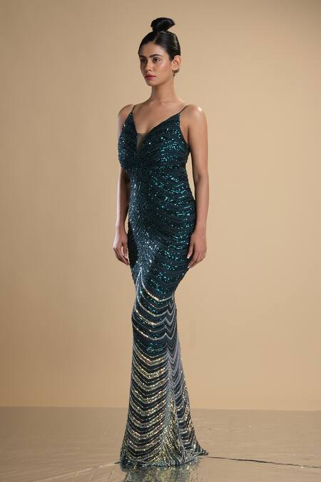 Buy Kommal Sood Green Lycra Stretch Net Embroidered Sequins Graphic Pattern Work Gown Online at Aza Fashions Buy_Kommal Sood_Green Lycra Stretch Net Embroidered Sequins Graphic Pattern Work Gown _Online_at_Aza_Fashions