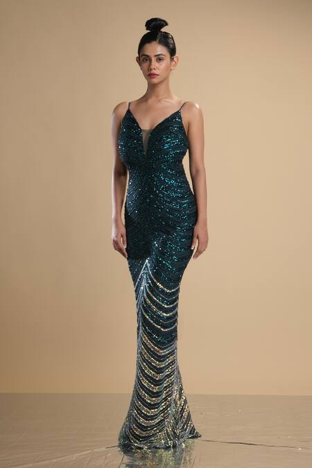 Kommal Sood Green Lycra Stretch Net Embroidered Sequins Graphic Pattern Work Gown at Aza Fashions Kommal Sood_Green Lycra Stretch Net Embroidered Sequins Graphic Pattern Work Gown _at_Aza_Fashions