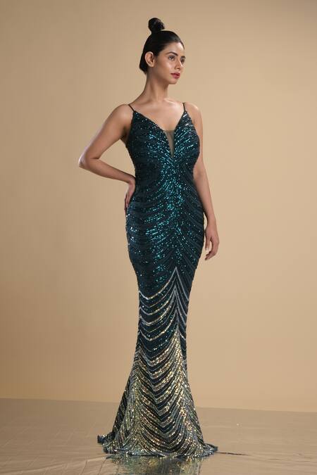 Buy Kommal Sood Green Lycra Stretch Net Embroidered Sequins Graphic Pattern Work Gown Buy_Kommal Sood_Green Lycra Stretch Net Embroidered Sequins Graphic Pattern Work Gown