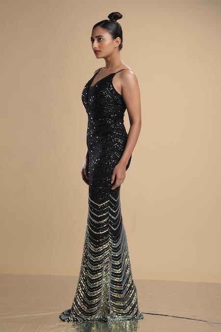 Shop Kommal Sood Black Lycra Stretch Net Graphic Pattern Work Spaghetti Gown Online at Aza Fashions Shop_Kommal Sood_Black Lycra Stretch Net Graphic Pattern Work Spaghetti Gown _Online_at_Aza_Fashions