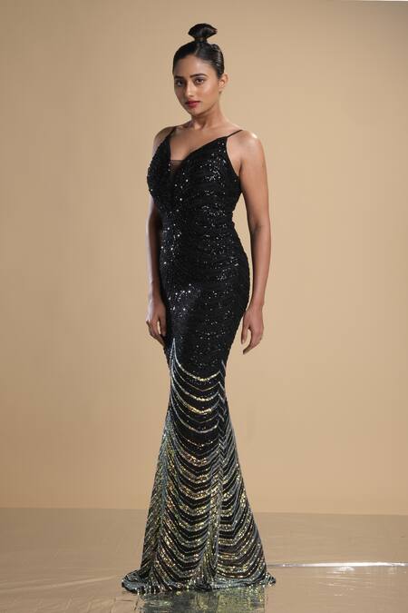 Kommal Sood Black Lycra Stretch Net Graphic Pattern Work Spaghetti Gown at Aza Fashions Kommal Sood_Black Lycra Stretch Net Graphic Pattern Work Spaghetti Gown _at_Aza_Fashions