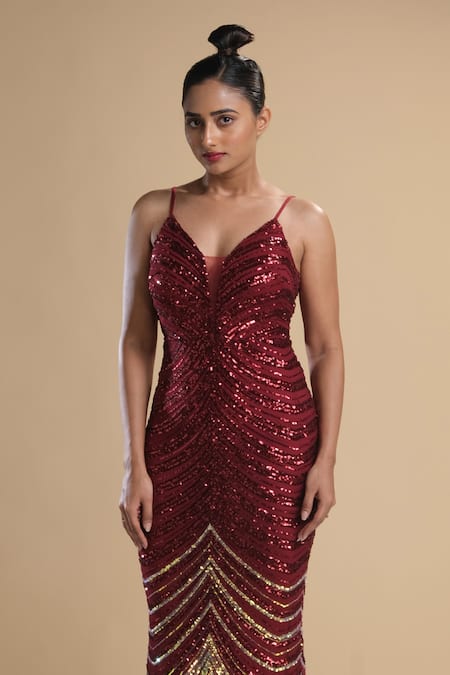 Kommal Sood Maroon Lycra Stretch Net Work Graphic Pattern Spaghetti Gown Online at Aza Fashions Kommal Sood_Maroon Lycra Stretch Net Work Graphic Pattern Spaghetti Gown _Online_at_Aza_Fashions