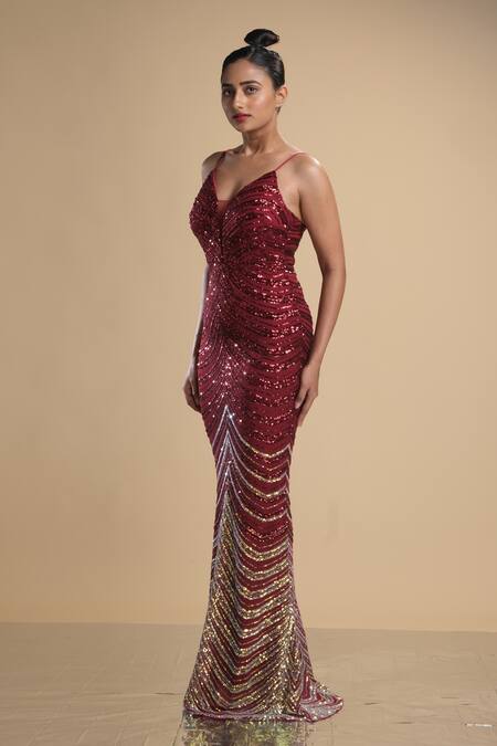 Buy Kommal Sood Maroon Lycra Stretch Net Work Graphic Pattern Spaghetti Gown Online at Aza Fashions Buy_Kommal Sood_Maroon Lycra Stretch Net Work Graphic Pattern Spaghetti Gown _Online_at_Aza_Fashions