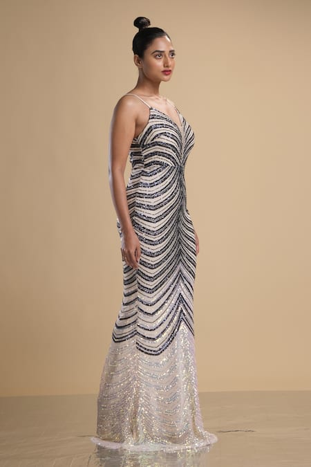 Shop Kommal Sood Blue Lycra Stretch Net Embroidered Work Graphic Pattern Strappy Gown Online at Aza Fashions Shop_Kommal Sood_Blue Lycra Stretch Net Embroidered Work Graphic Pattern Strappy Gown _Online_at_Aza_Fashions