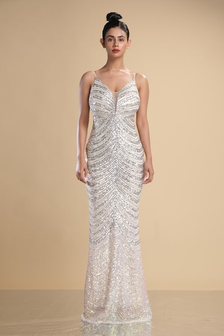 Buy Kommal Sood Silver Lycra Stretch Net Graphic Pattern Work Strappy Gown Online at Aza Fashions Buy_Kommal Sood_Silver Lycra Stretch Net Graphic Pattern Work Strappy Gown _Online_at_Aza_Fashions
