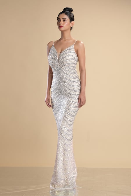 Shop Kommal Sood Silver Lycra Stretch Net Graphic Pattern Work Strappy Gown Online at Aza Fashions Shop_Kommal Sood_Silver Lycra Stretch Net Graphic Pattern Work Strappy Gown _Online_at_Aza_Fashions