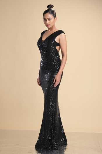 Shop_Kommal Sood_Black Lycra, Net Sequins, Beads Plunge Neck Embroidered Cap Sleeve Gown _Online_at_Aza_Fashions