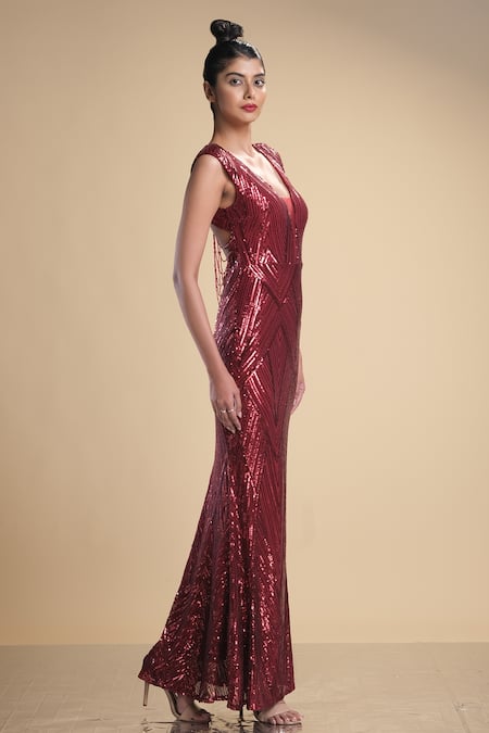 Buy_Kommal Sood_Maroon Lycra, Net Sequins, Beads Plunge Work Graphic Pattern Cap Sleeve Gown _Online_at_Aza_Fashions