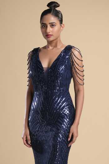 Kommal Sood Blue Lycra, Net Sequins, Beads Plunge Neck Work Graphic Pattern Gown Online at Aza Fashions Kommal Sood_Blue Lycra, Net Sequins, Beads Plunge Neck Work Graphic Pattern Gown _Online_at_Aza_Fashions
