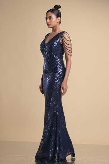 Buy Kommal Sood Blue Lycra, Net Sequins, Beads Plunge Neck Work Graphic Pattern Gown Online at Aza Fashions Buy_Kommal Sood_Blue Lycra, Net Sequins, Beads Plunge Neck Work Graphic Pattern Gown _Online_at_Aza_Fashions