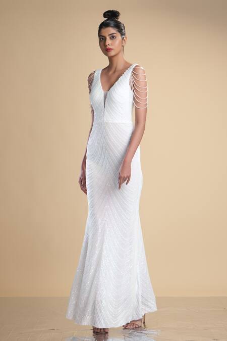 Kommal Sood_White Lycra Stretch Net Embroidered Sequins Graphic Pattern Gown  _Online_at_Aza_Fashions