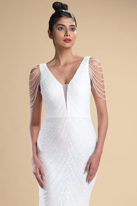 Buy_Kommal Sood_White Lycra Stretch Net Embroidered Sequins Graphic Pattern Gown  _Online_at_Aza_Fashions