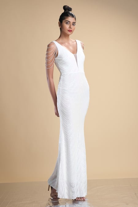 Shop_Kommal Sood_White Lycra Stretch Net Embroidered Sequins Graphic Pattern Gown  _Online_at_Aza_Fashions