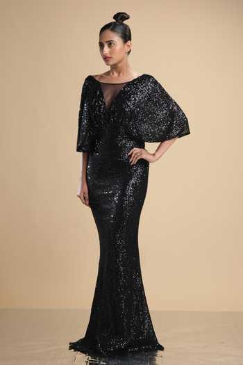 Kommal Sood_Black Lycra Stretch Net Embroidered Sequins Illusion Cape Sleeve Gown  _Online_at_Aza_Fashions