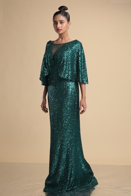 Kommal Sood Green Lycra Stretch Net Embroidered Sequins Illusion Cape Sleeve Gown Online at Aza Fashions Kommal Sood_Green Lycra Stretch Net Embroidered Sequins Illusion Cape Sleeve Gown _Online_at_Aza_Fashions