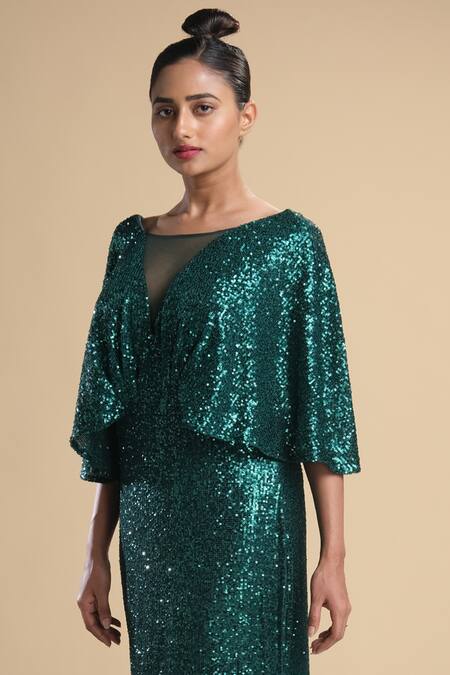 Buy Kommal Sood Green Lycra Stretch Net Embroidered Sequins Illusion Cape Sleeve Gown Online at Aza Fashions Buy_Kommal Sood_Green Lycra Stretch Net Embroidered Sequins Illusion Cape Sleeve Gown _Online_at_Aza_Fashions
