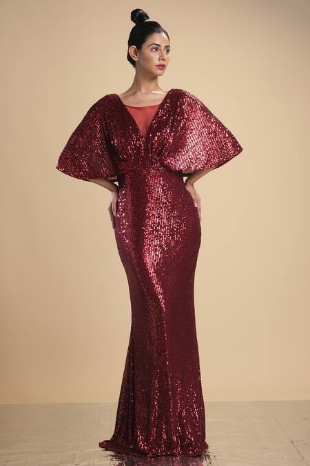 Buy_Kommal Sood_Maroon Lycra Stretch Net Embroidered Sequins Cape Sleeve Gown  _Online_at_Aza_Fashions