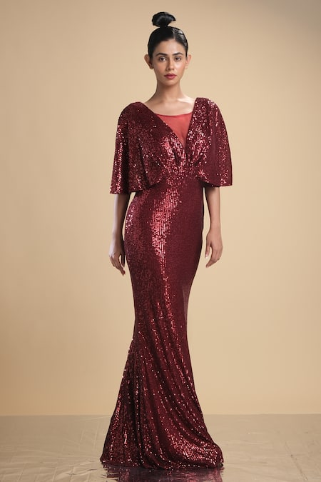 Shop_Kommal Sood_Maroon Lycra Stretch Net Embroidered Sequins Cape Sleeve Gown  _Online_at_Aza_Fashions