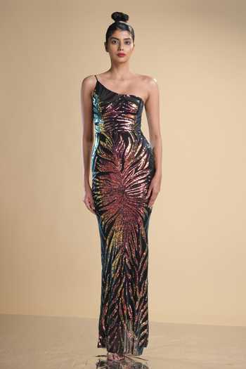 Kommal Sood Multi Color Lycra, Net Sequins Graphic Pattern Work One Shoulder Gown Online at Aza Fashions Kommal Sood_Multi Color Lycra, Net Sequins Graphic Pattern Work One Shoulder Gown _Online_at_Aza_Fashions