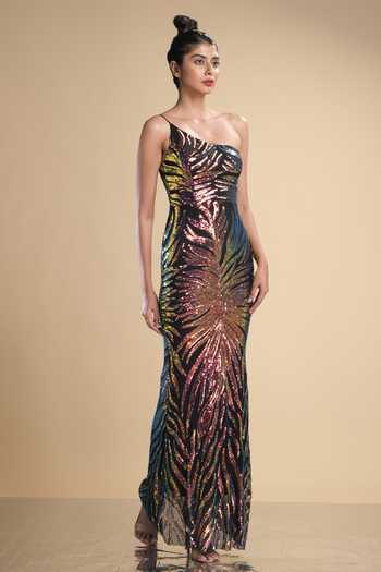 Shop Kommal Sood Multi Color Lycra, Net Sequins Graphic Pattern Work One Shoulder Gown Online at Aza Fashions Shop_Kommal Sood_Multi Color Lycra, Net Sequins Graphic Pattern Work One Shoulder Gown _Online_at_Aza_Fashions