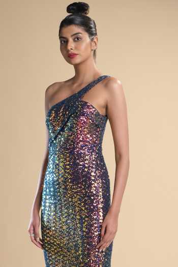 Buy_Kommal Sood_Multi Color Lycra, Net Sequins Asymmetric Rainbow Work One Shoulder Gown _Online_at_Aza_Fashions