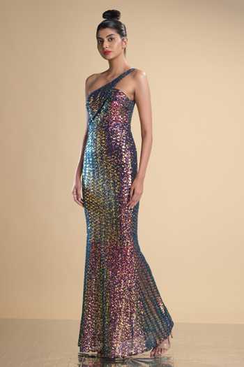 Shop_Kommal Sood_Multi Color Lycra, Net Sequins Asymmetric Rainbow Work One Shoulder Gown _Online_at_Aza_Fashions