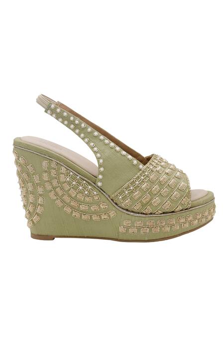 Veruschka By Payal Kothari_Green Zari, Embroidery Ektara Zardozi Wedges _Online_at_Aza_Fashions