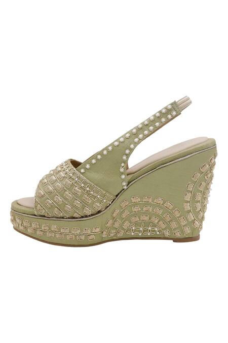 Shop_Veruschka By Payal Kothari_Green Zari, Embroidery Ektara Zardozi Wedges _Online_at_Aza_Fashions