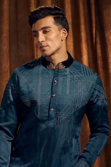 More Mischief Blue Silk Linen Geometric Pattern Asymmetric Kurta Set Online at Aza Fashions More Mischief_Blue Silk Linen Geometric Pattern Asymmetric Kurta Set_Online_at_Aza_Fashions