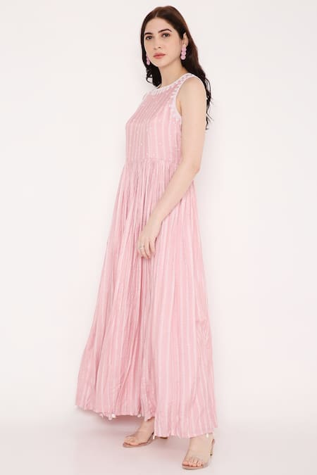 Bha Sha Pink Muslin Sequins, Beads Halter Neck Ema Bandhani Print Dress Online at Aza Fashions Bha Sha_Pink Muslin Sequins, Beads Halter Neck Ema Bandhani Print Dress _Online_at_Aza_Fashions