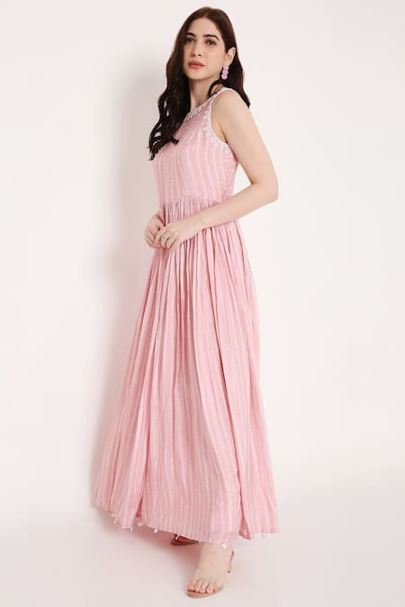 Shop Bha Sha Pink Muslin Sequins, Beads Halter Neck Ema Bandhani Print Dress Online at Aza Fashions Shop_Bha Sha_Pink Muslin Sequins, Beads Halter Neck Ema Bandhani Print Dress _Online_at_Aza_Fashions