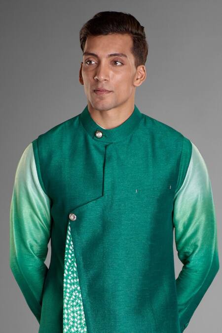 More Mischief_Green Silk, Linen Asymmetric Panel Bundi And Kurta Set_Online_at_Aza_Fashions