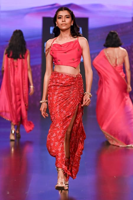 Punit Balana_Red Silk Embroidery Asymmetric Gulaabi Top And Surkh Laal Draped Skirt Set _Online_at_Aza_Fashions
