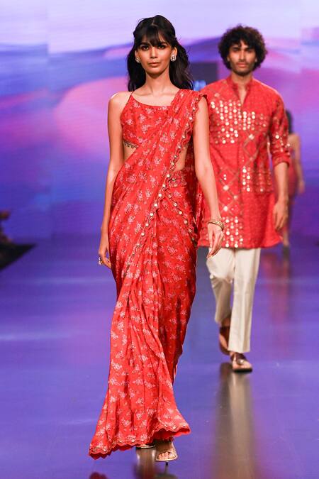 Punit Balana Red Satin Scoop Neck Flower Bouquet Print Pre-draped Saree With Blouse Online at Aza Fashions Punit Balana_Red Satin Scoop Neck Flower Bouquet Print Pre-draped Saree With Blouse _Online_at_Aza_Fashions