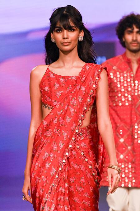 Buy Punit Balana Red Satin Scoop Neck Flower Bouquet Print Pre-draped Saree With Blouse Online at Aza Fashions Buy_Punit Balana_Red Satin Scoop Neck Flower Bouquet Print Pre-draped Saree With Blouse _Online_at_Aza_Fashions