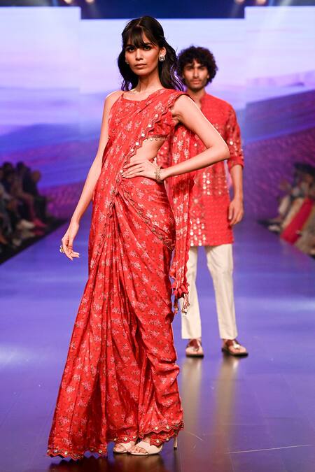 Shop Punit Balana Red Satin Scoop Neck Flower Bouquet Print Pre-draped Saree With Blouse Online at Aza Fashions Shop_Punit Balana_Red Satin Scoop Neck Flower Bouquet Print Pre-draped Saree With Blouse _Online_at_Aza_Fashions