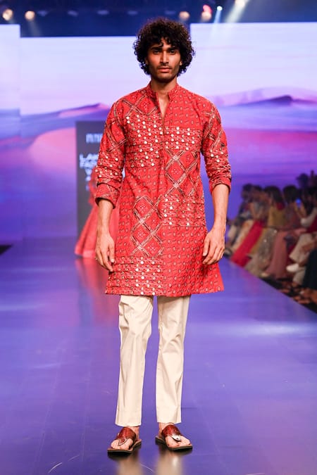 Punit Balana_Red Chanderi Silk Embroidery Coin Embellished Kurta Set _Online_at_Aza_Fashions