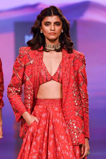 Punit Balana_Red Silk, Chanderi Embroidery, Sequins Surkh Laal Patchwork Jacket Skirt Set _Online_at_Aza_Fashions