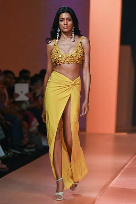 Arpita Mehta_Yellow Net, Cotton Beads, Mirrors Round Embroidered Blouse And Tulip Skirt Set_Online_at_Aza_Fashions