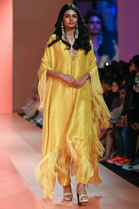 Arpita Mehta Yellow Silk Fringe V-neck Tasselled Kaftan Set Online at Aza Fashions Arpita Mehta_Yellow Silk Fringe V-neck Tasselled Kaftan Set _Online_at_Aza_Fashions